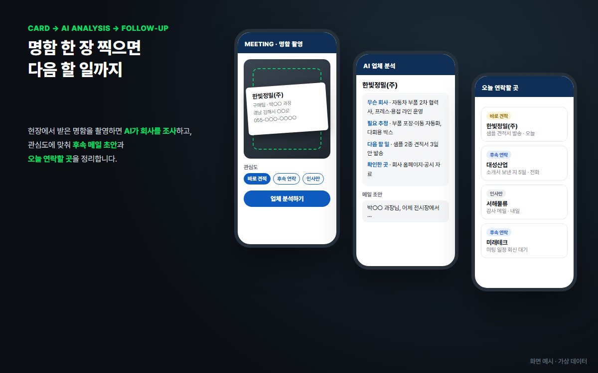 명함 촬영, AI 업체 분석, 오늘 연락할 곳 목록 휴대폰 화면 예시